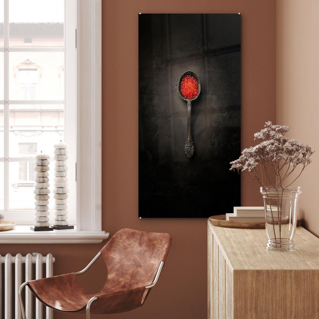 MuchoWow Glasbilder - Bilder auf Wandbild - Foto auf Glas Schwarz - Löffel - Kaviar 60x120 cm Wanddekoration aus Glas - Acrylglasbild - Acrylbilde...