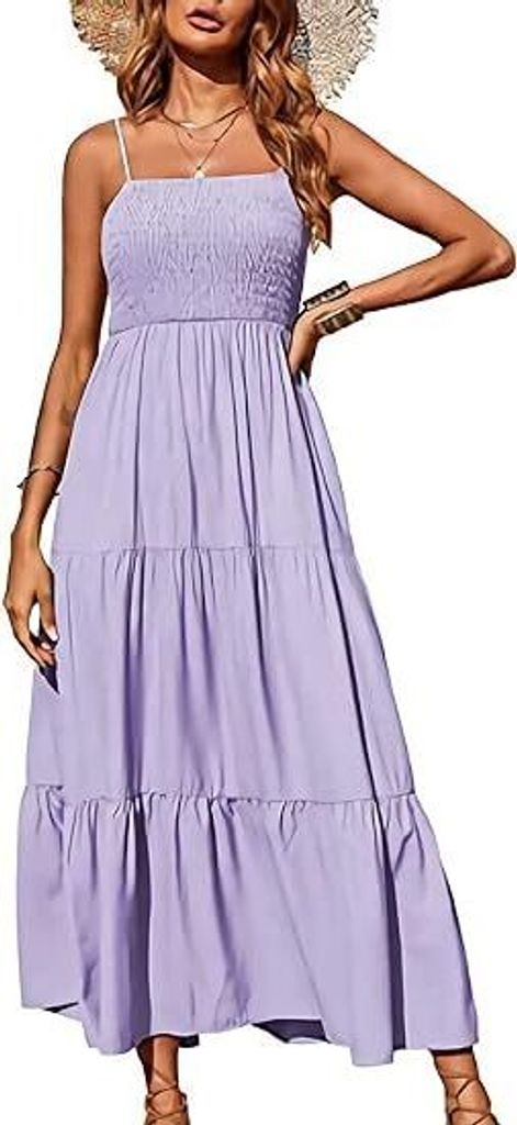 Damen Sommer Maxikleid Ärmellos mit Spaghettiträgern, Gesmokt, Gestuft, Boho-Langer Strandkleid