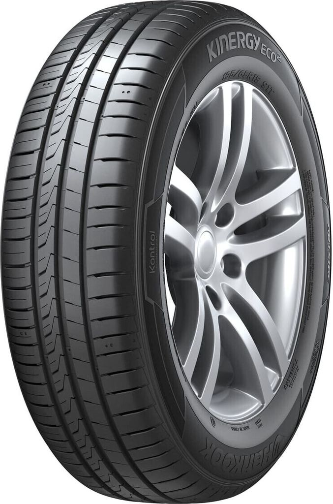 A close-up studio shot of a Hankook Kinergy Eco 2 tire mounted on a silver alloy wheel, presented against a plain white background.