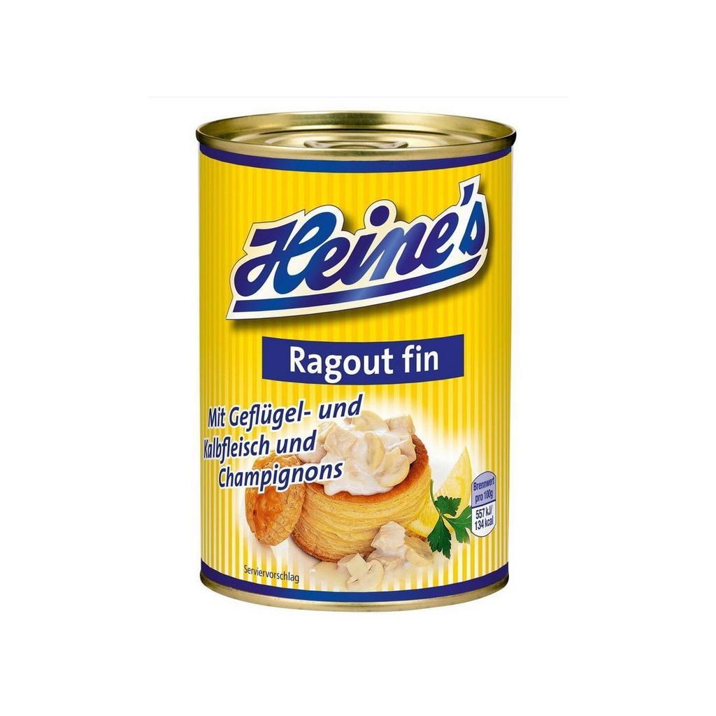 A can of Heines Ragout fin with poultry, veal and mushrooms.