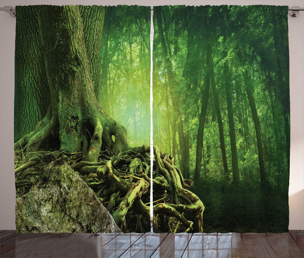 ABAKUHAUS Wald Rustikaler Gardine, Mysterious Woods Landschaft, Wohnzimmer Universalband Gardinen mit Schlaufen und Haken, 280 x 225 cm, Lime Green...