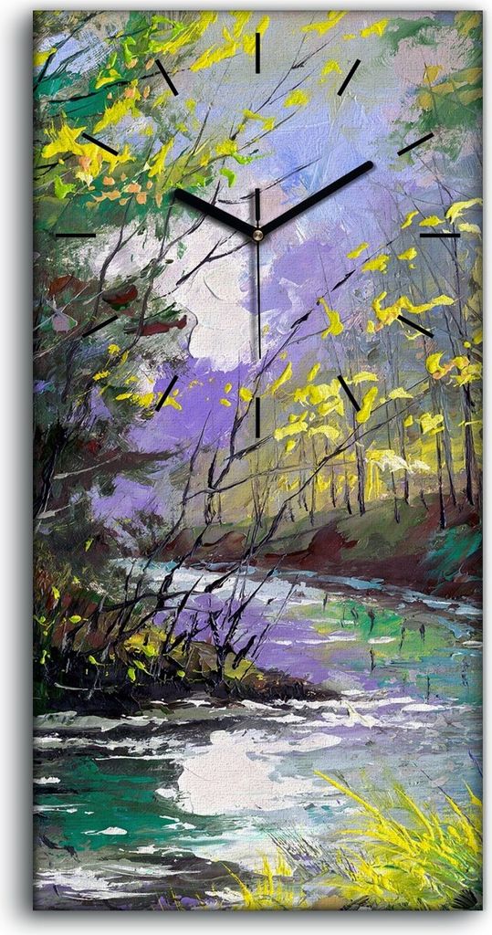Leinwand Uhr Küche Wohnzimmer Bild Geräuschlos 30x60 Ölgemälde Wald Fluss Bäume - schwarze Hände