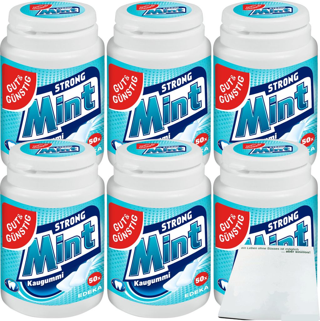 Gut & Günstig Kaugummi Peppermint Strong Mint zuckerfrei 6er Pack (6x50 Stk. Dose) + usy Block