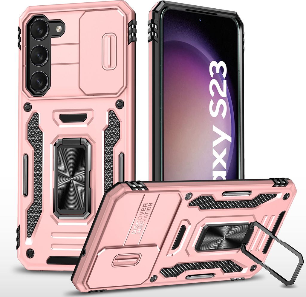Galaxy S23 Hülle, Schiebe Kamera Schutz und Ringhalter Ständer Dual Layer Stoßfest Schutzhülle für Samsung Galaxy S23