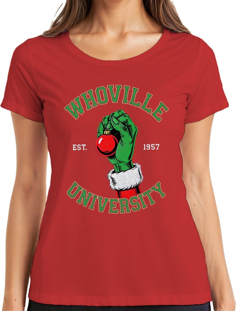 WHOVILLE UNIVERSITY Grinch Weihnachten Christbaumkugel Retro Damen T-Shirt, Rot, M