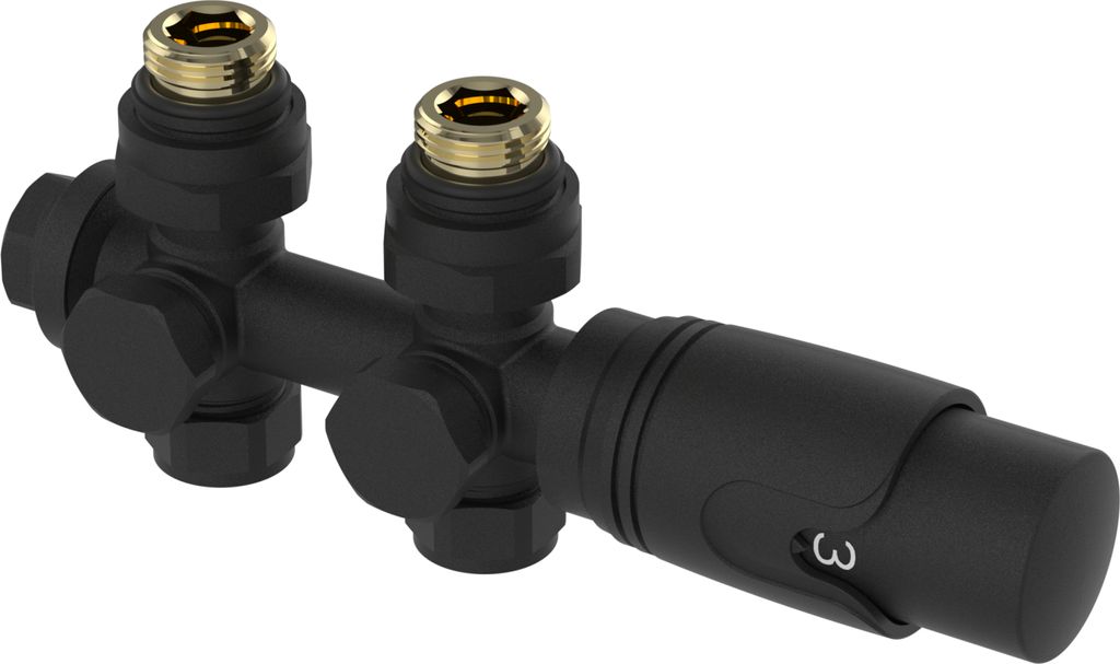 A black thermostatic radiator valve set with gold fittings against a white background.