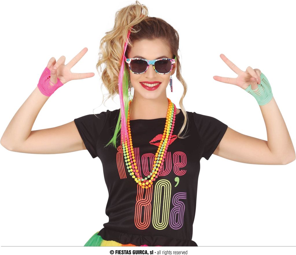 80er Jahre Party Set Neon Zubehör Accessoire Kostüm Karneval Bunte Retro Mode Spaß Brille Handschuhe Schmuck Highlight Festival, Farbe: Mehrfarbig