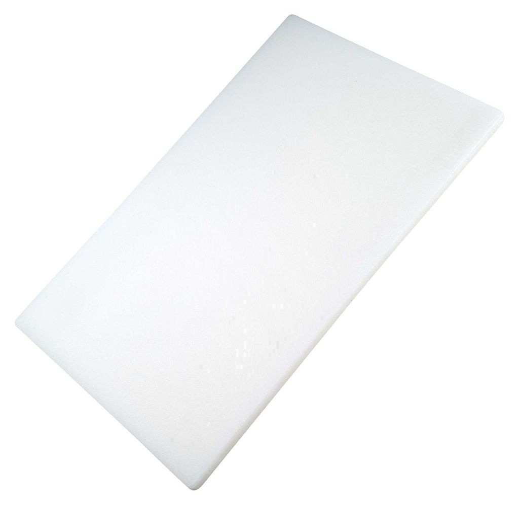A white plastic cutting board is shown on a white background.