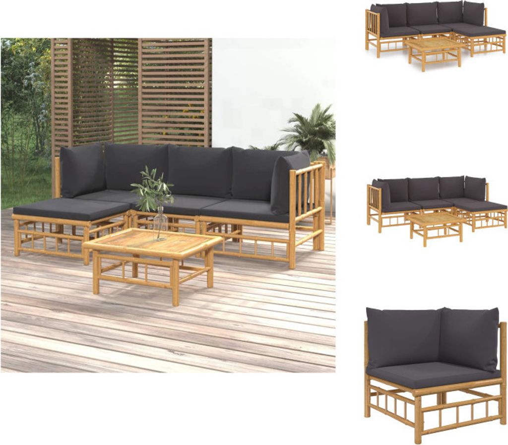 vidaXL 5-tlg. Garten-Lounge-Set mit Dunkelgrauen Kissen Bambus - Gartenmöbel-Sets