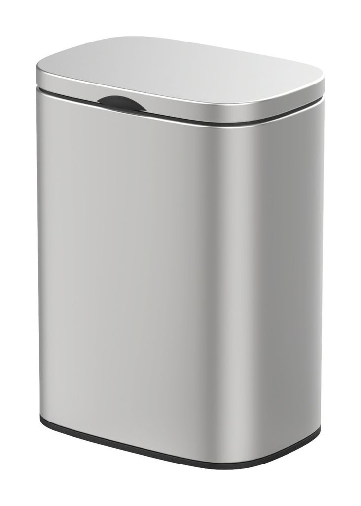 A silver trash can with a lid.