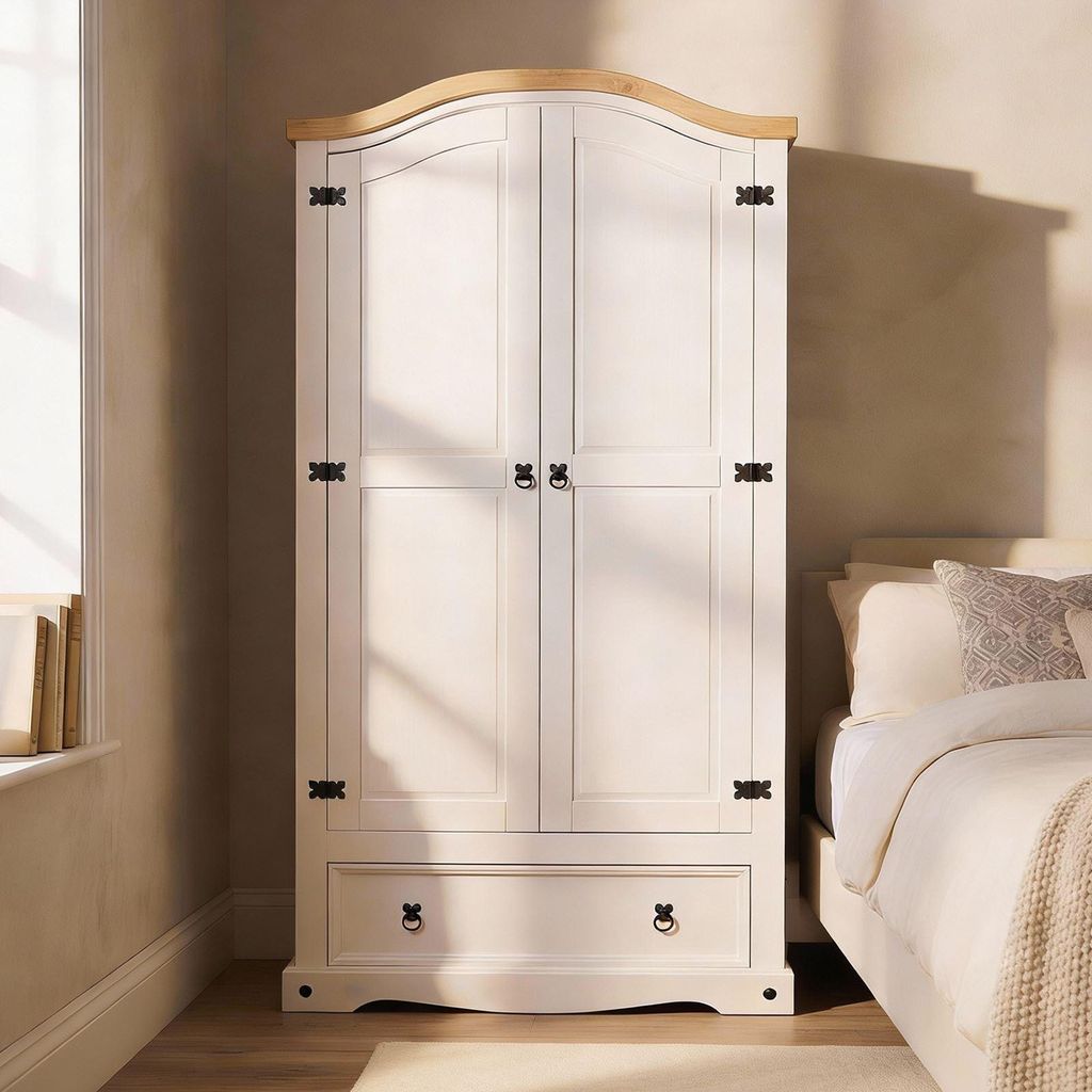 Kleiderschrank CAMPO mit Türen & Schublade weiß/natur Produktbild 