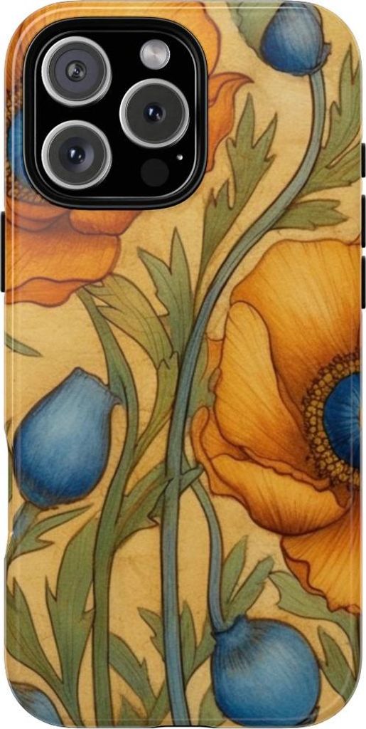 Goldene Mohnblumen mit blauen Akzenten – Hülle Kompatibel mit iPhone 16 Pro Max