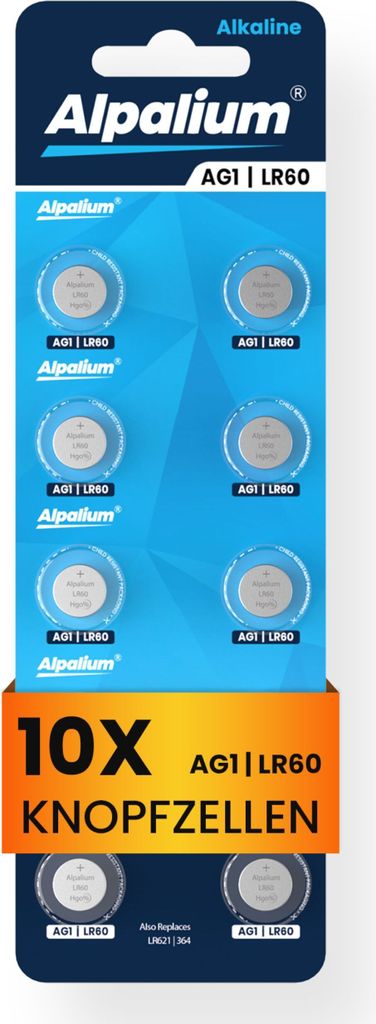 AG1 / LR60 / 621 Knopfzellen - 10 Stück, Alpalium Alkaline, Uhrenbatterien