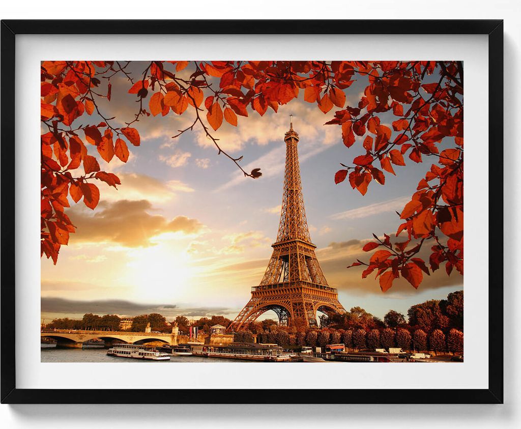 Der Eiffelturm zwischen den Blättern– Wandbild mit Rahmen – Gerahmtes Bild – Wanddekoration – 80x60 cm – Schwarz Rahmen