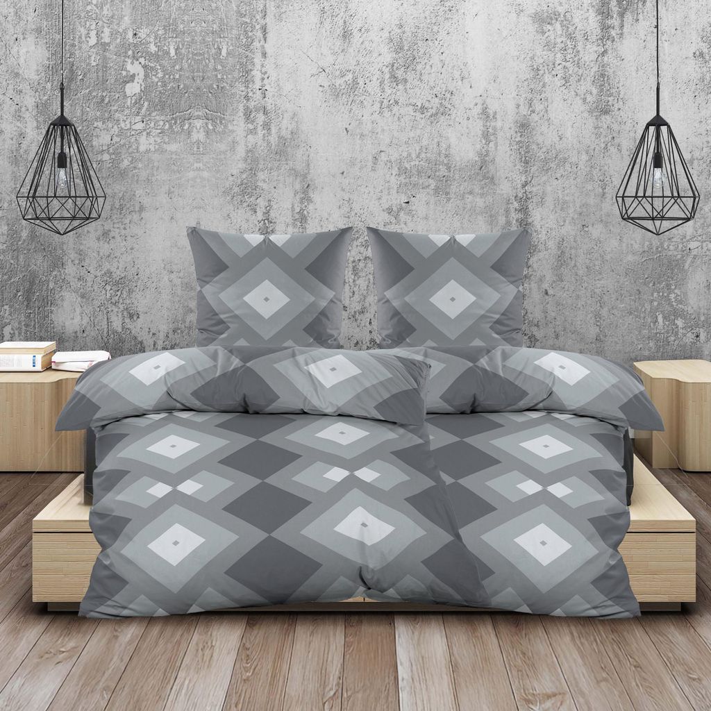 Biber Bettwäsche 135x200 cm 4tlg. Baumwolle Anthrazit Grau Geometrisch