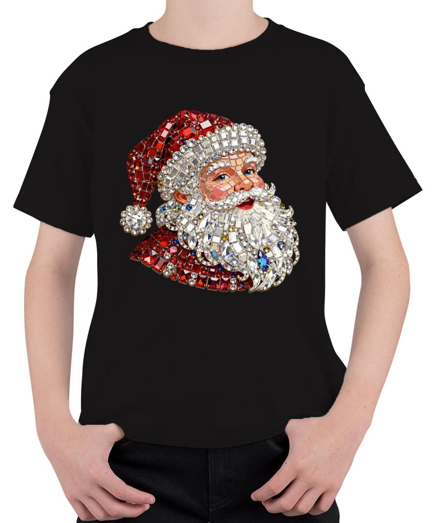 Weihnachtsmann Juwelen Mosaik Vintage Weihnachten Glitzer Uni Kinder T-Shirt, Schwarz, 128
