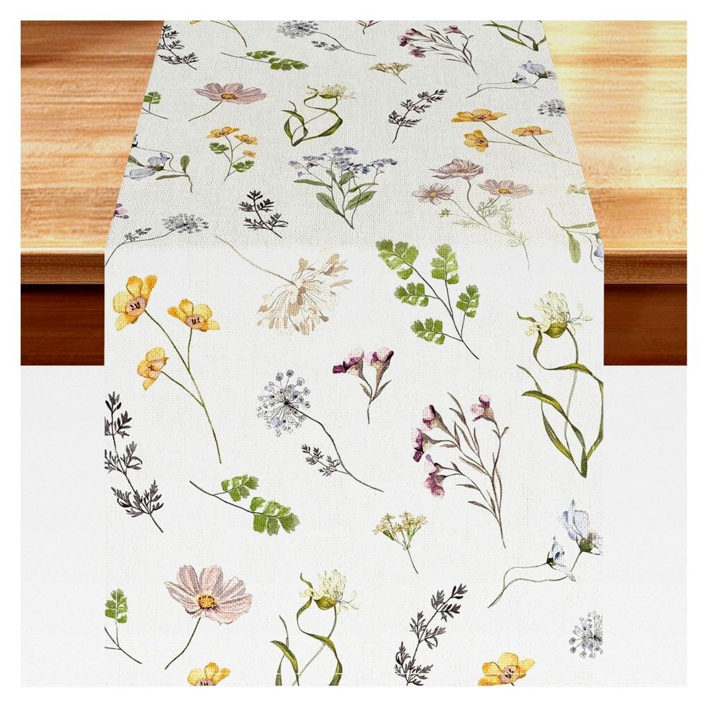 Tischläufer aus Leinen mit Blumen, Frühlingsdeko 183×33 cm, Moderner Tischläufer für Frühling, Sommer und Herbst, Abwaschbar und Wetterfest, ...
