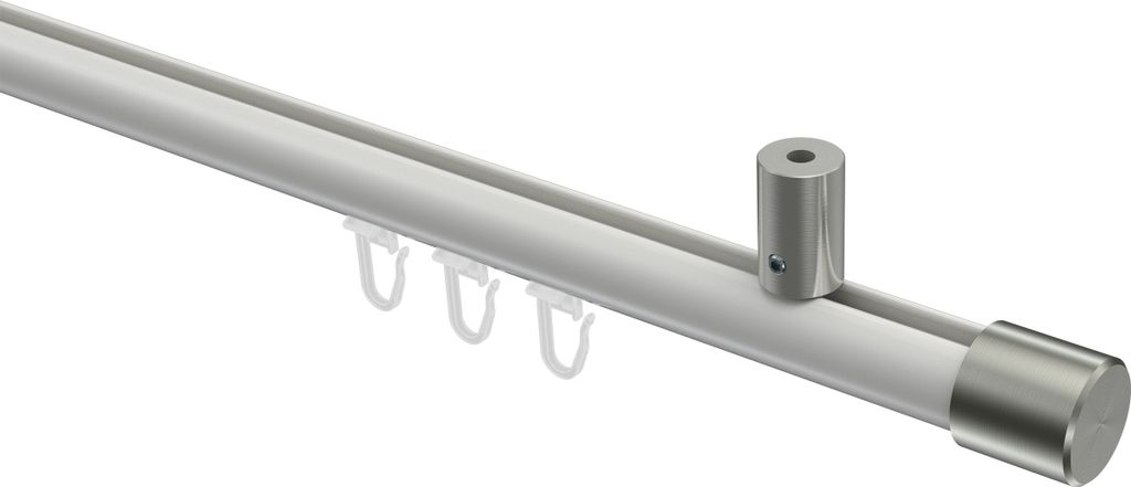 Interdeco Innenlaufstange / Gardinenstange mit Innenlauf Weiß / Edelstahl-Optik, Typ Sonius Santo (Kappe) Deckenmontage, 20 mm Ø 1-läufig, 180 cm
