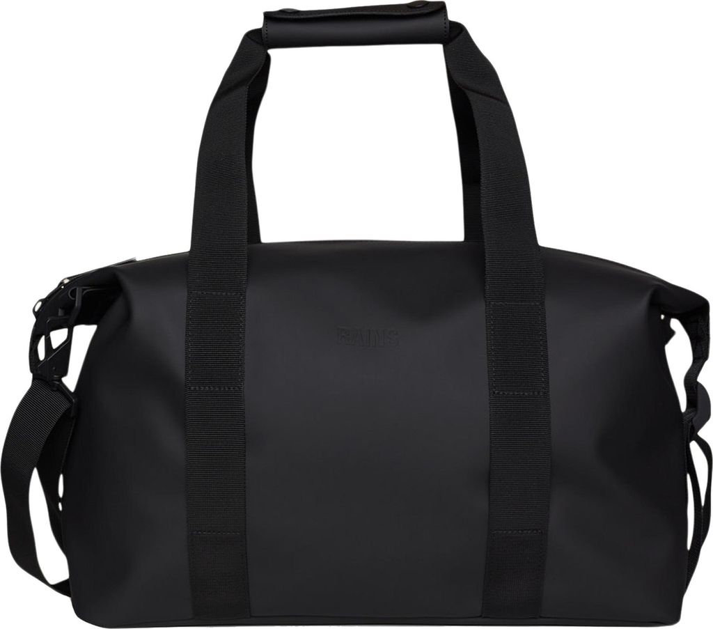 A black duffel bag is shown against a white background.
