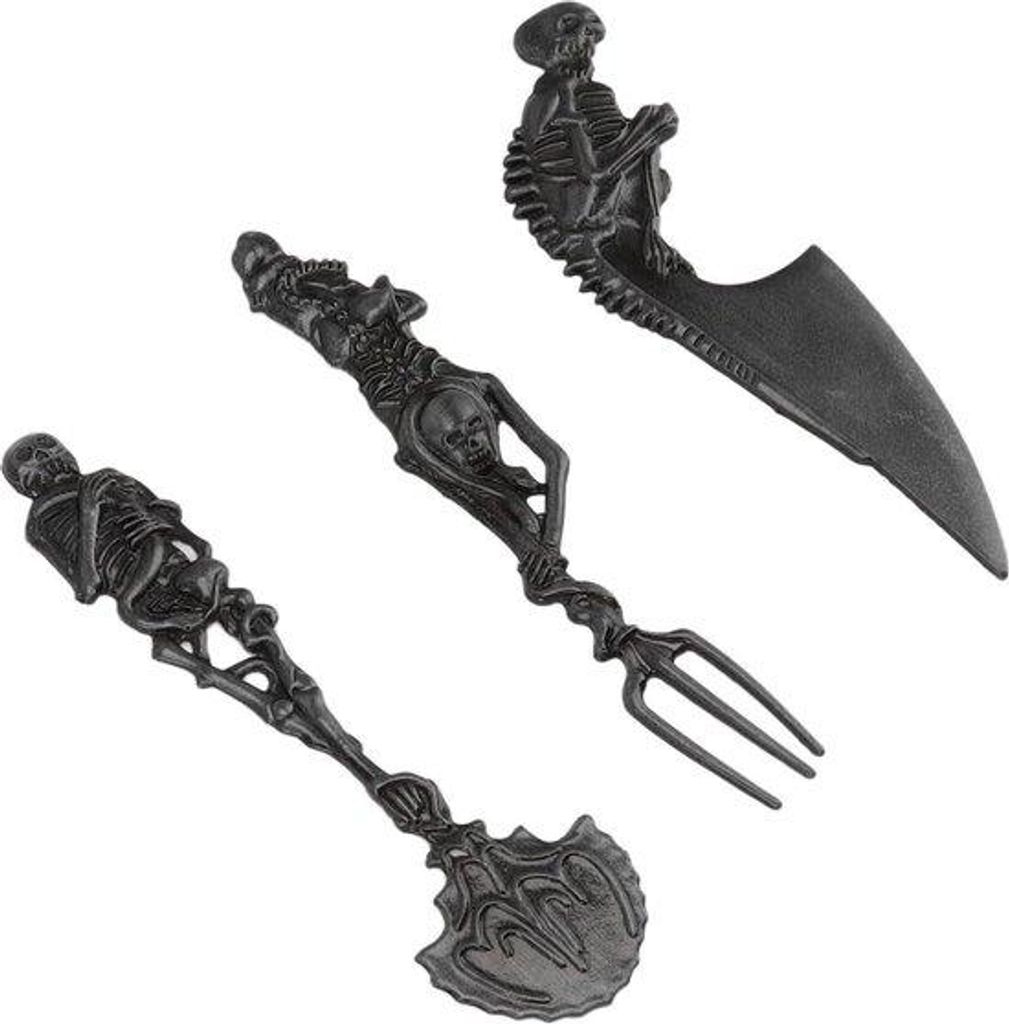 Halloween-Skelet-Set - Kreatives Schädel-Design - Metall-Schädel - Feierliches Dinner-Set - Halloween-Accessoires - Schwarz.