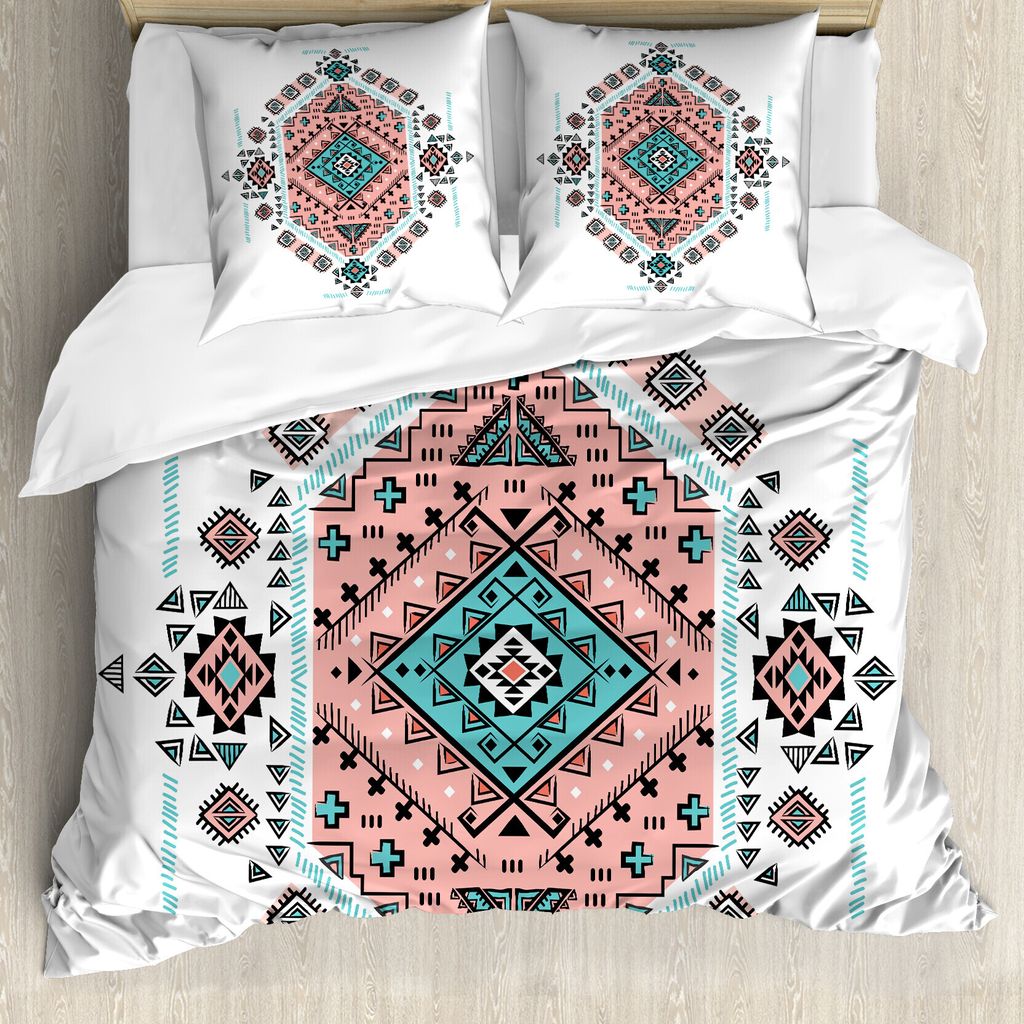 ABAKUHAUS Stammes Bettbezug, Aztec India Art Design, Milbensicher Allergiker geeignet mit Kissenbezügen, 155 cm x 220 cm - 80 x 80 cm, Teal und Co...