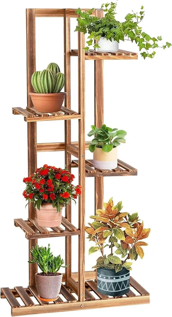 Support pour plantes en bois kaki - Étagère à fleurs escalier à niveaux