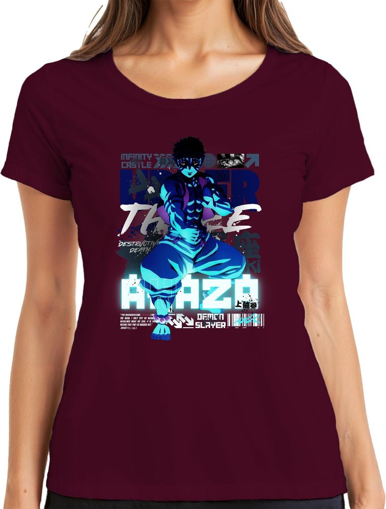 Anime maskierter Kämpfer Neon Blau Muskelpose Manga Cosplay Japan Y2K Streetwear Damen T-Shirt, Burgundy, S