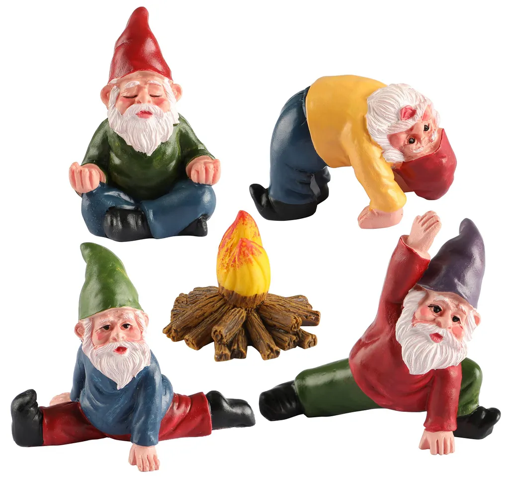 Lot de 5 nains de jardin en résine résistante, design yoga et fées