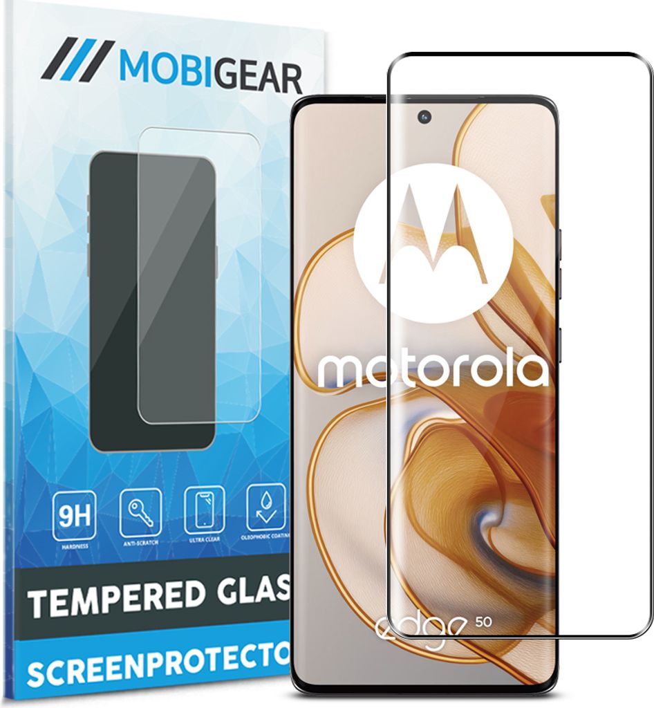 A product shot of a screen protector for a Motorola Edge 50 phone, displayed next to its packaging.