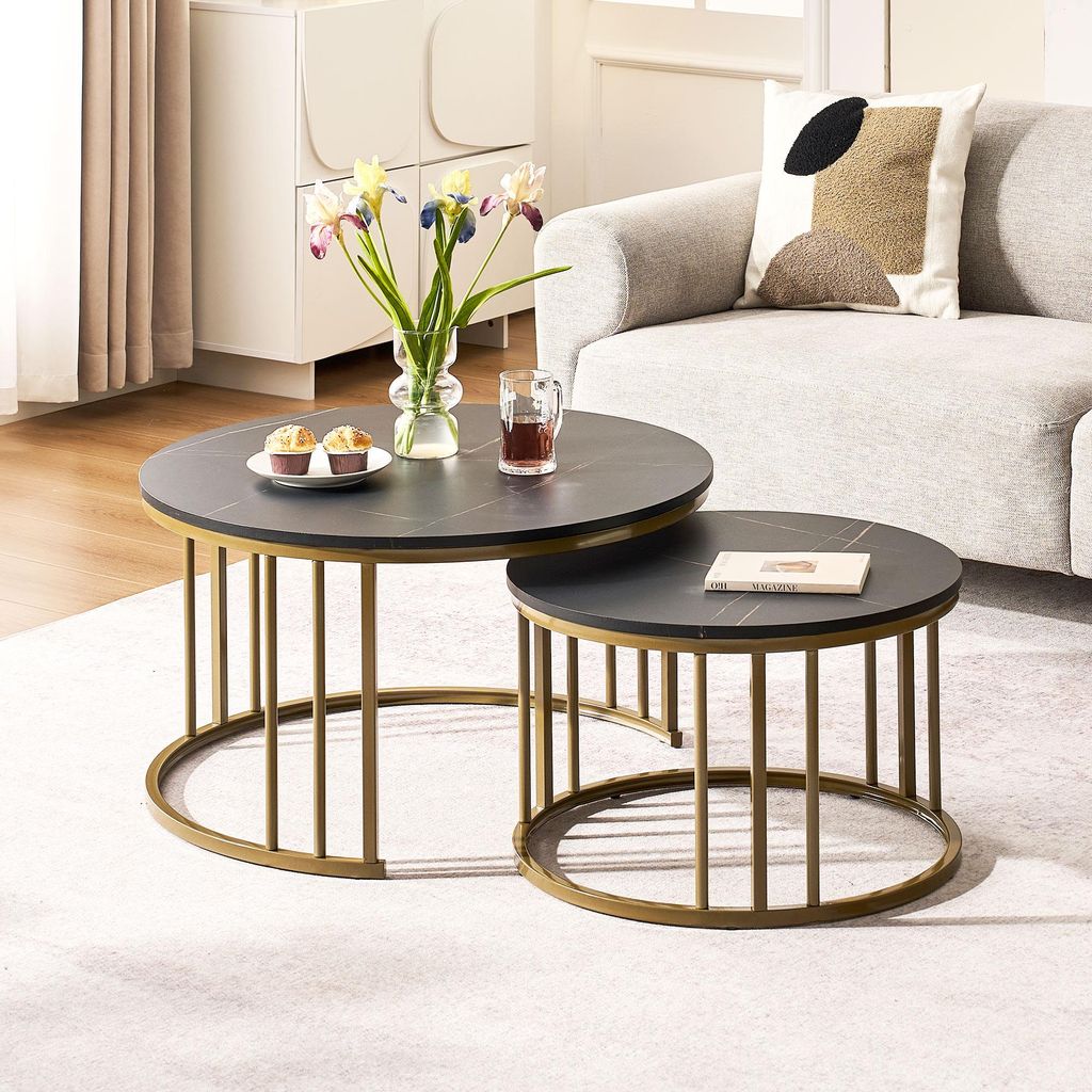 CLIPOP : Lot de 2 tables basses rondes imitation marbre, Image du produit 