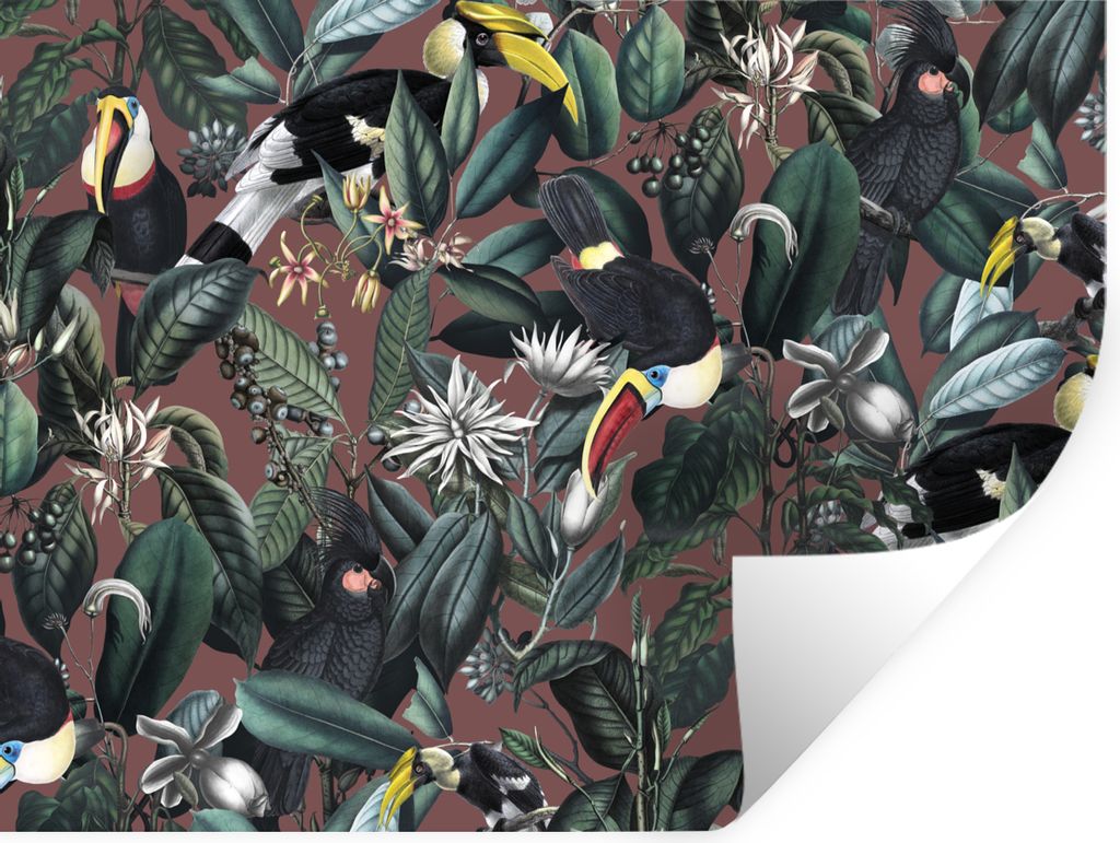 MuchoWow Wandtattoo Wandsticker Wandaufkleber Blumen - Tukan - Blätter 80x60 cm Selbstklebend und Repositionierbar - Faltenfrei