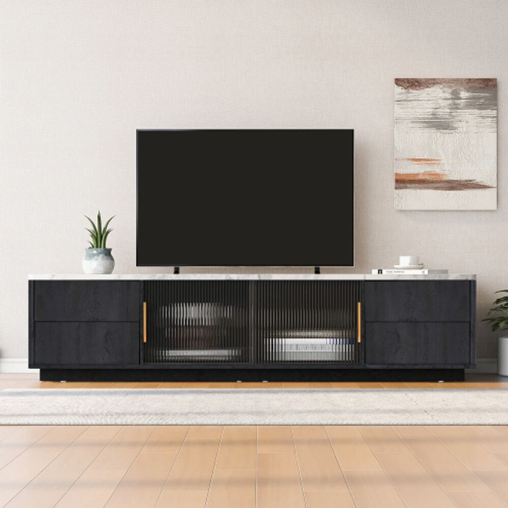 TV Stand für 70" TV,TV-Schrank Marmorierte Tischplatte,Schubladen mit Push-to-Open-Funktion 160cm