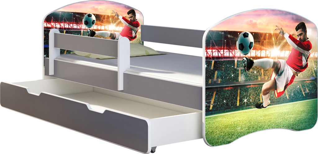 ACMA Jugendbett Kinderbett Junior-Bett Komplett-Set mit Matratze Lattenrost und Rausfallschutz Grau 37 Fußballer 2 160x80 + Bettkasten