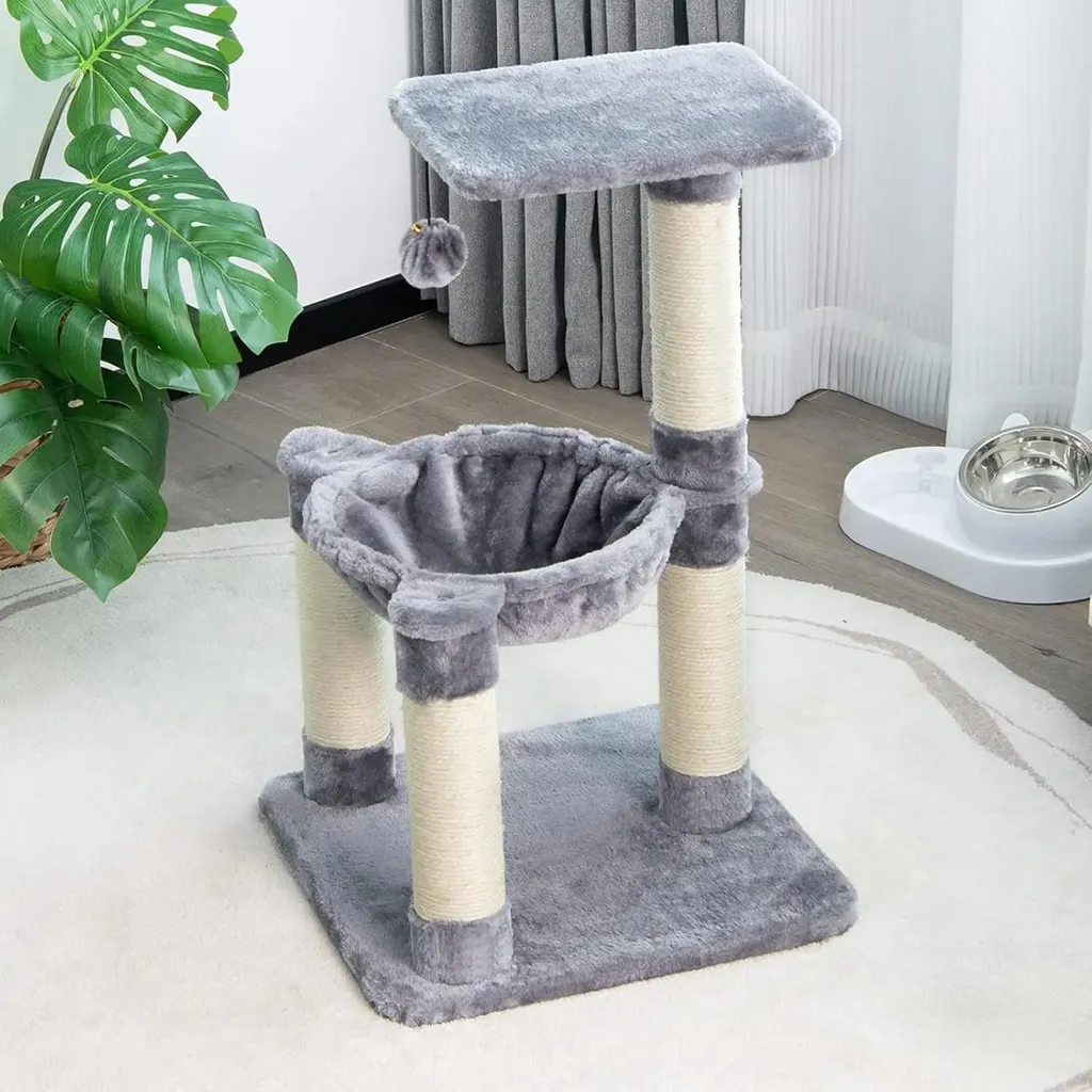 Arbre à chat résistant aux griffures en bois gris avec peluche douce - 2