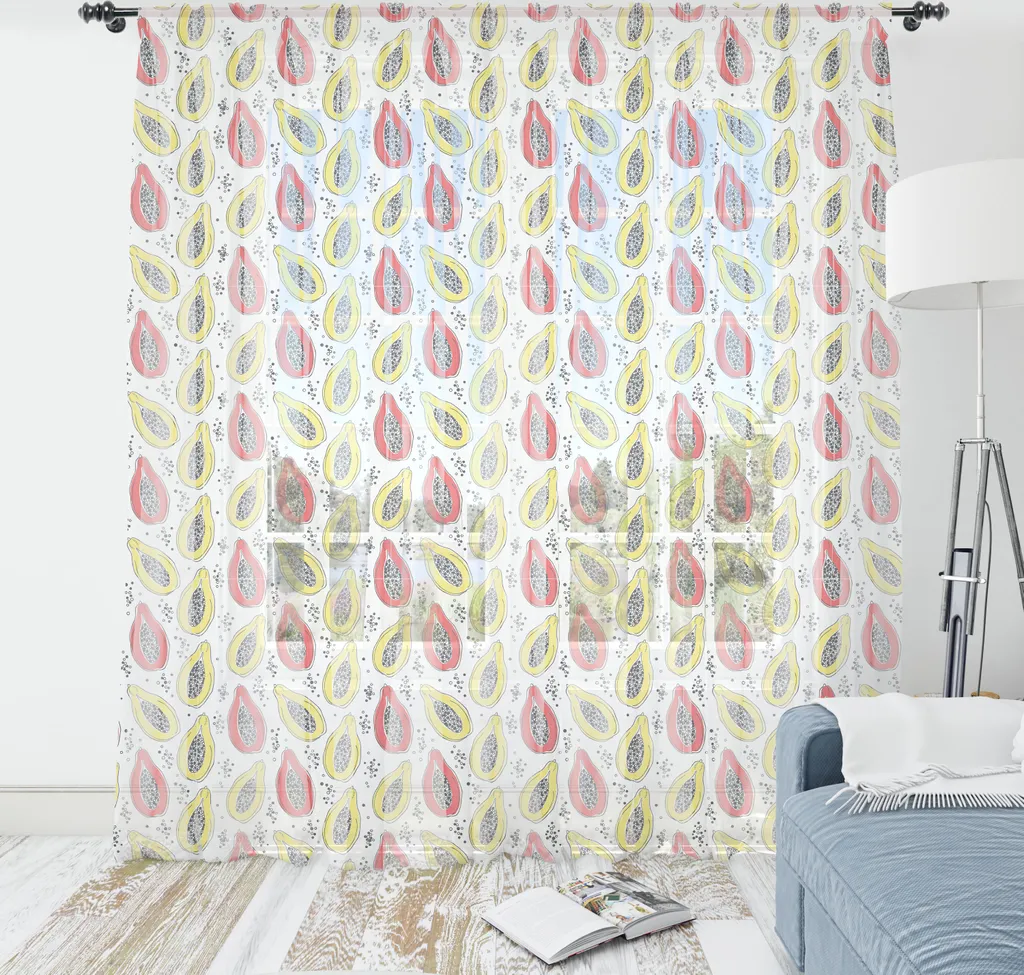 ABAKUHAUS Arazzo tropicale, motivo esotico con frutti di papaya in design bicolore, tessuto satinato setoso per soggiorno e camera da letto, 210 cm x 274 cm, giallo rosa
