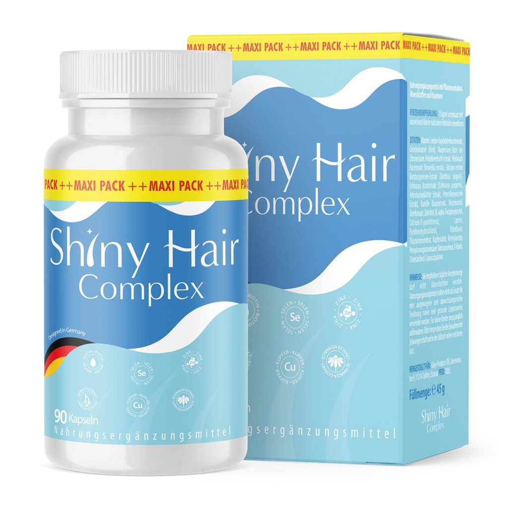 A bottle of Shiny Hair Complex capsules and its packaging are shown against a white background.