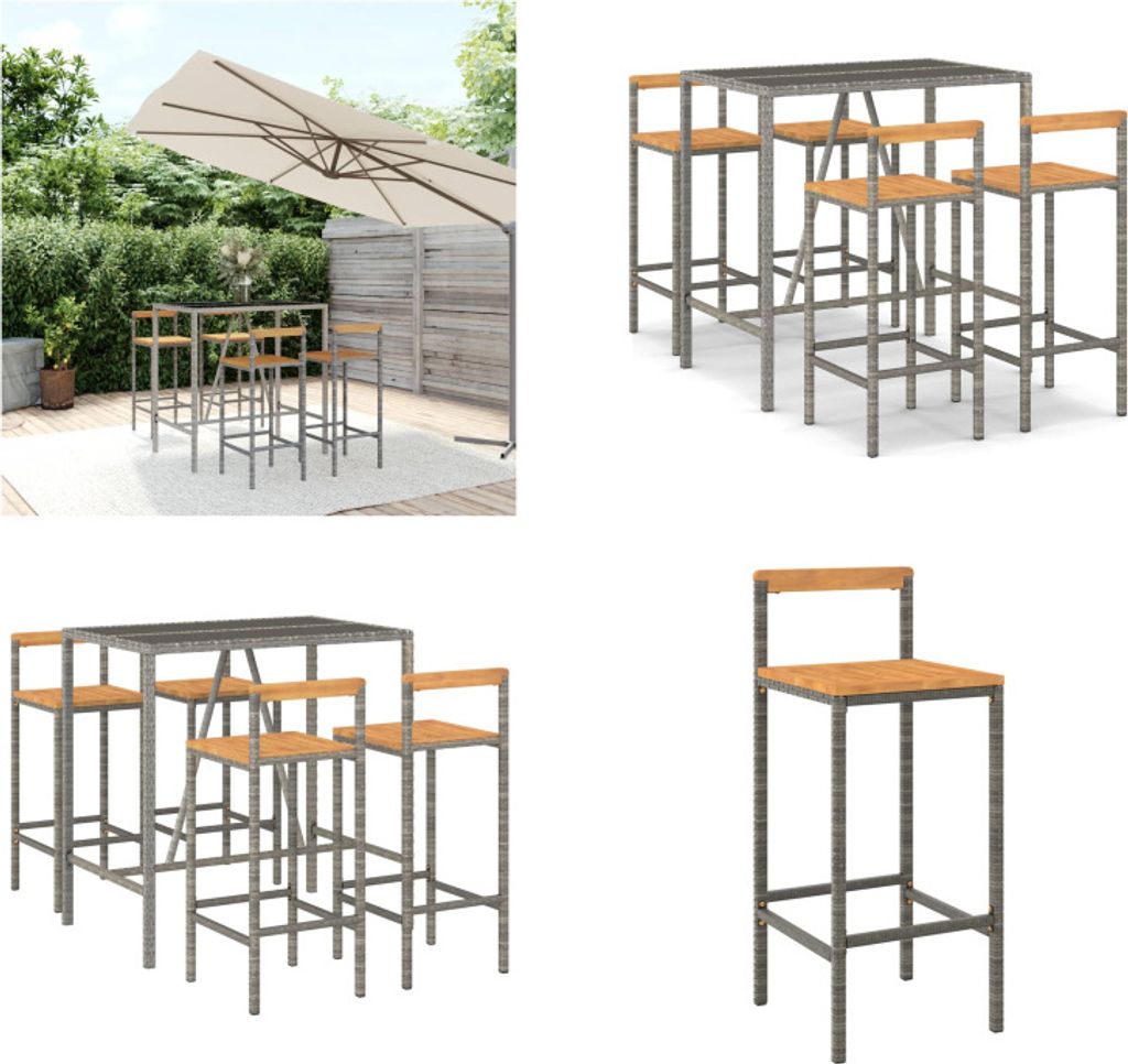 vidaXL 5 tlg. Gartenbar Set Grau Poly Rattan & Massivholz Akazie - Gartenbar Set - Gartenbar Sets - Garten Bar Set - Gartenbar