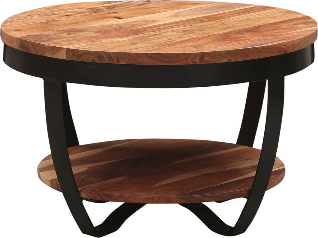Marrakesch Industrieller runder Couchtisch aus Akazienholz & Metall 70 cm | Wohnzimmertisch Abdiel mit Ablage | Vintage Sofatisch im Loft-Stil | Mo...