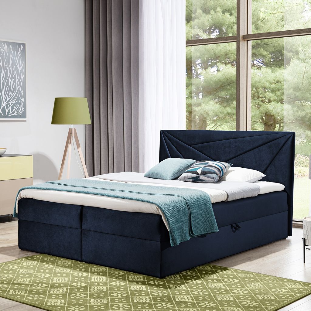 Boxspringbett Doppelbett TEO 3 - 180x200cm Bett mit Bonellmatratze, mit Bettkasten f r Bettw sche und Topper. (Dunkel blau)