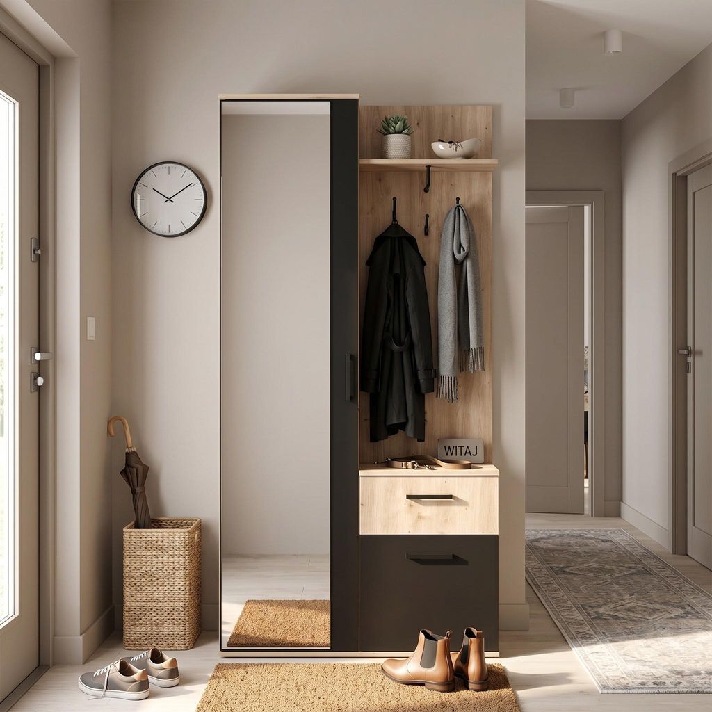 Garderobenschrank mit Spiegel - Artisan Eiche und Schwarz - mit Schublade - LUX - Geräumiger Schuhschrank