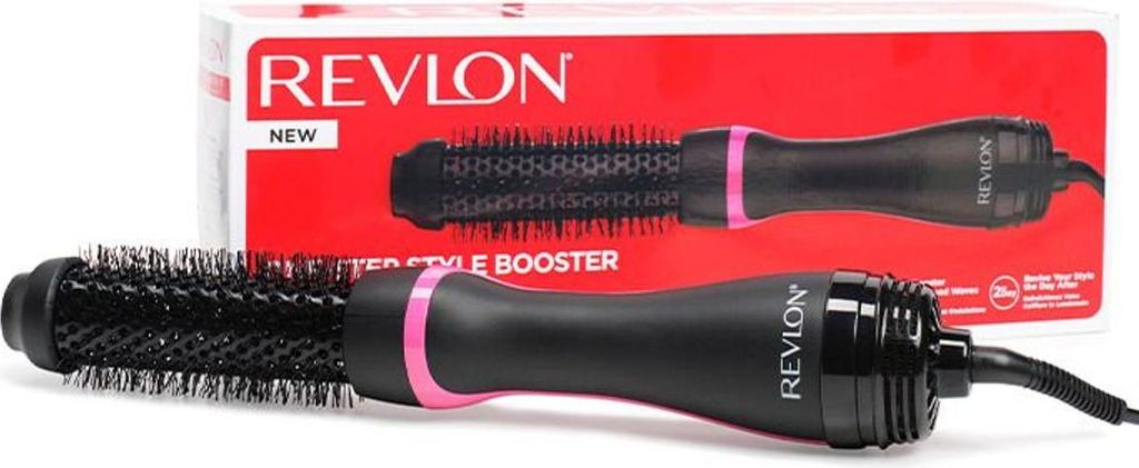 A Revlon hair dryer and volumiser is shown in front of its packaging.