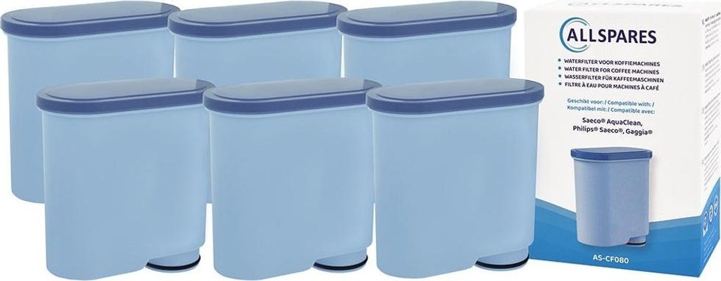A set of six water filter cartridges with a box of the product in the background.