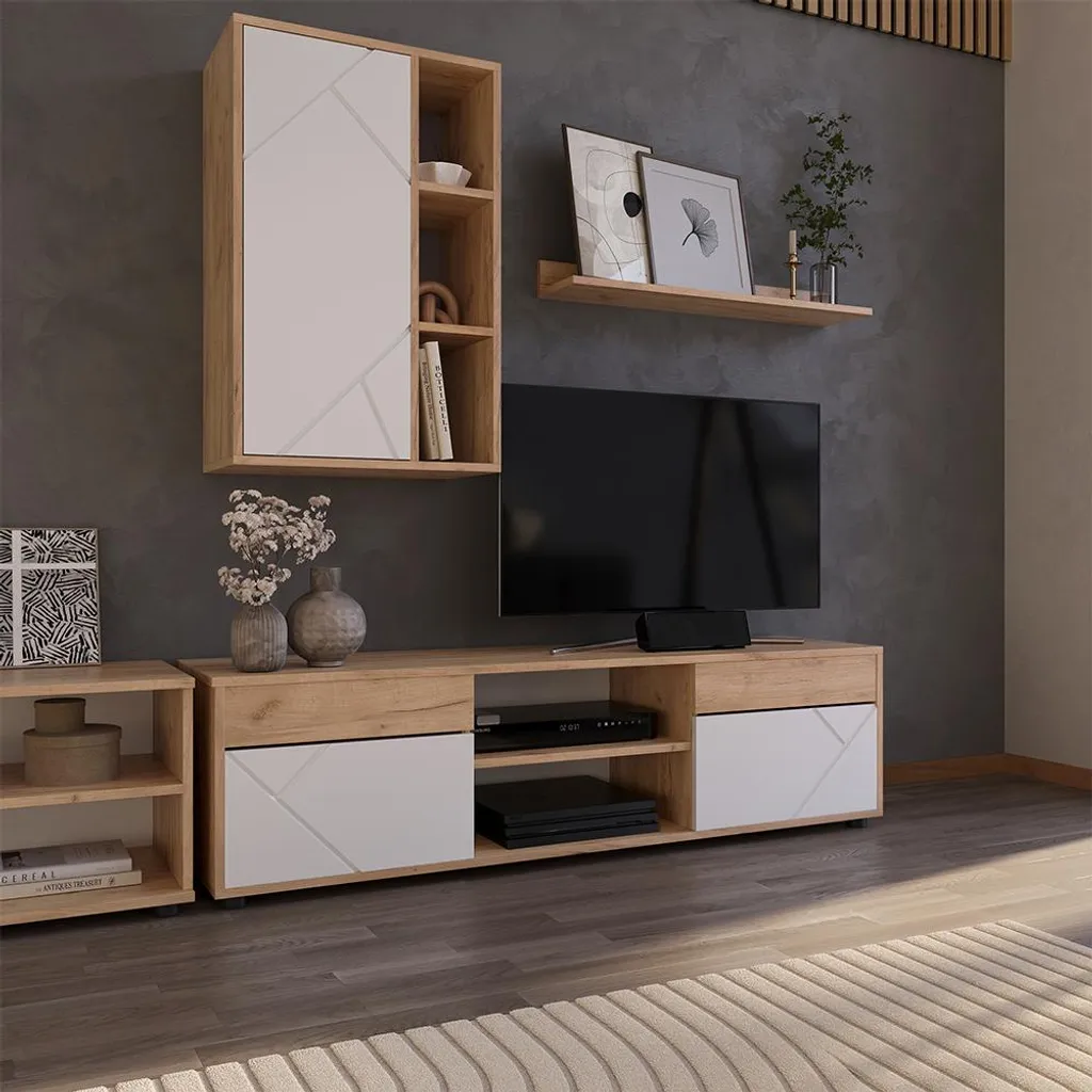 Meuble-paroi Vicco Berno Chêne doré et blanc, Modèle 57826 en 2 parties