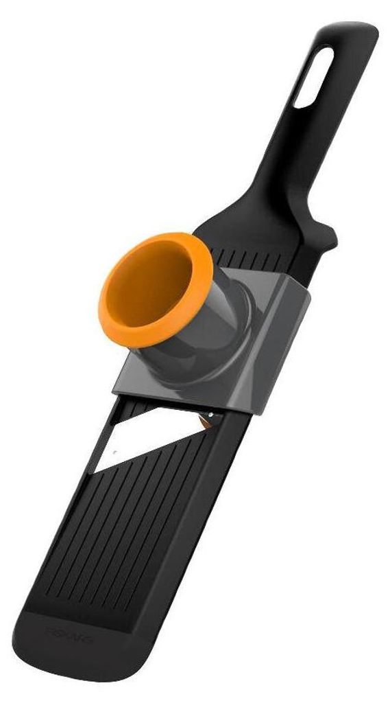 A close-up studio shot of a black and orange vegetable slicer against a white background.