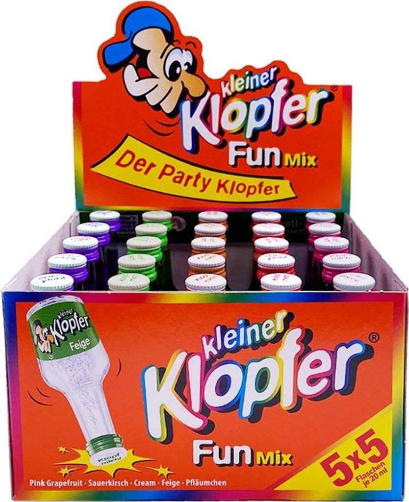 A display box of small bottles of alcoholic shots, with colorful caps and branding.