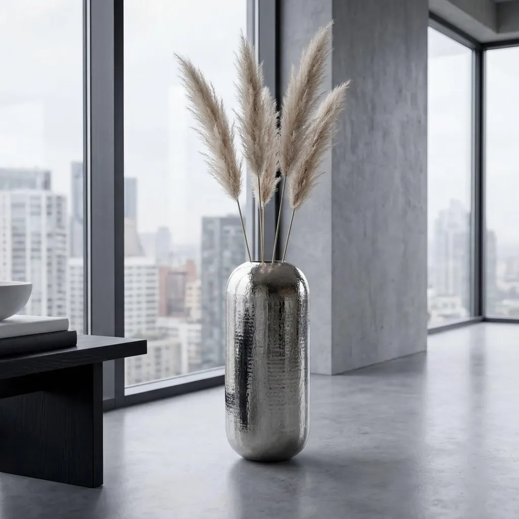 Vase décoratif argenté en aluminium martelé 75 cm - Design moderne XXL
