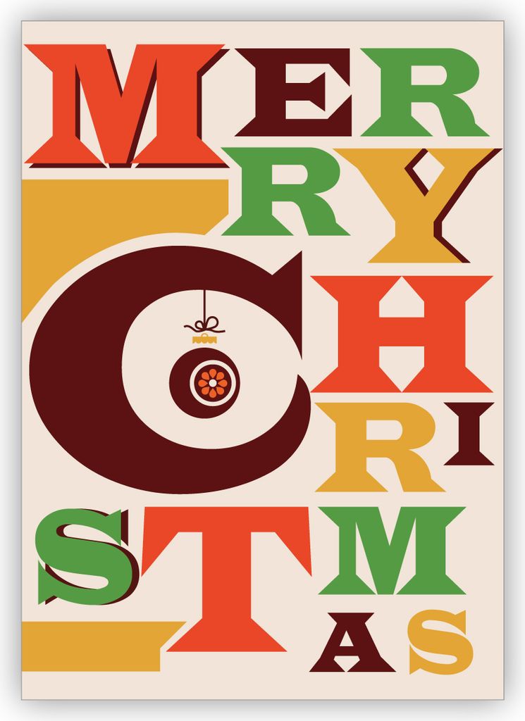 4x bunte Retro Weihnachtskarte: Merry Christmas