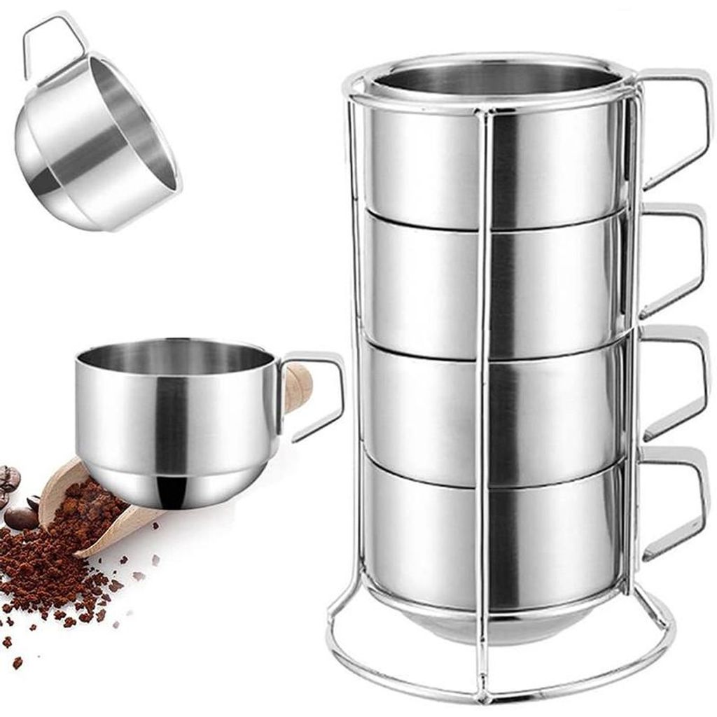 Edelstahl Kaffeebecher Set 4er Campingbecher doppelwandig stapelbar 200ml mit Halter für Outdoor Picknick Schule