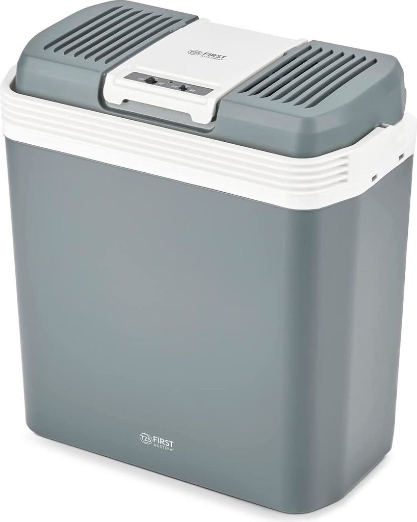 A gray and white portable electric cooler box with vents on the lid.
