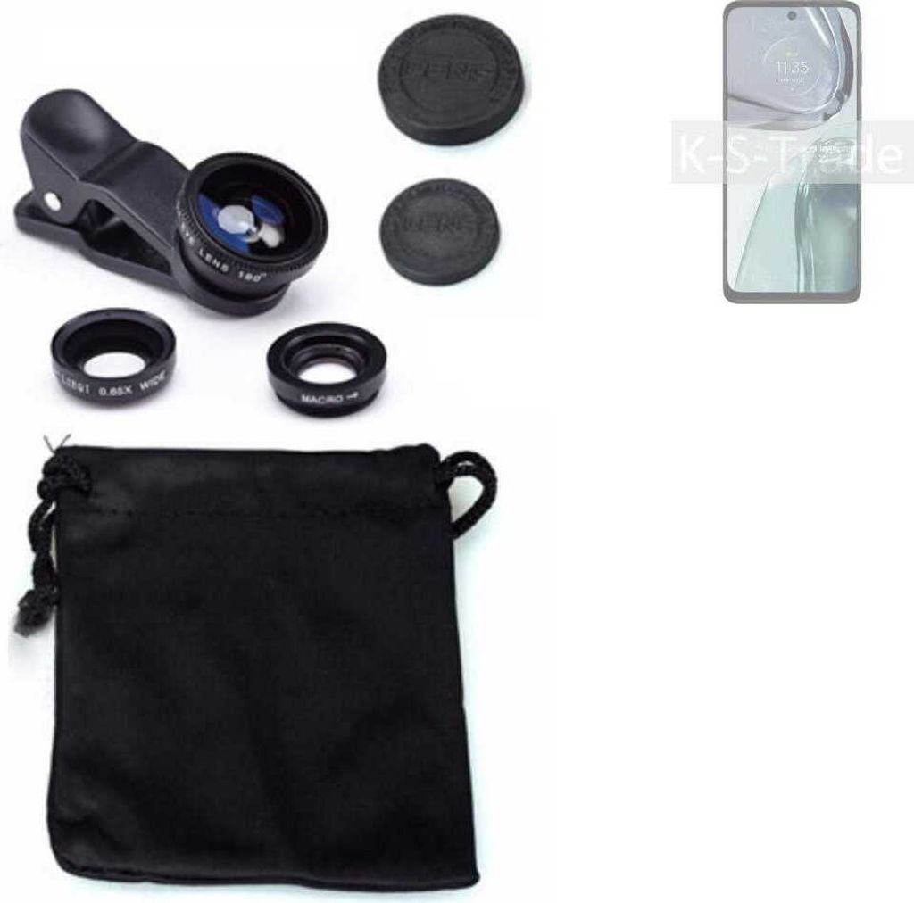 K-S-Trade Smartphone Kamera Linsen Set Kompatibel mit Motorola Moto G62 5G 3in1 Clip-On Kamera Adapter Macro Weitwinkel FishEye Fischauge Objektiv